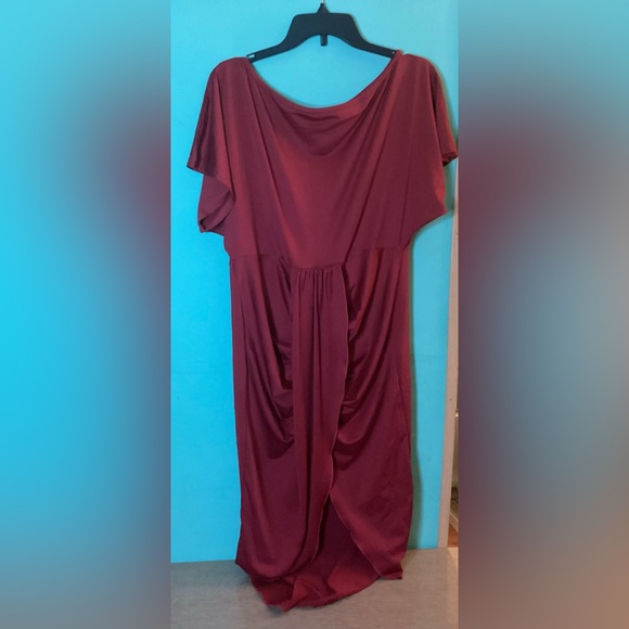 One Off The Shoulder Ruched Wrap Front Split Hem Draped Midi Dress Size Large - Picture 4 of 16